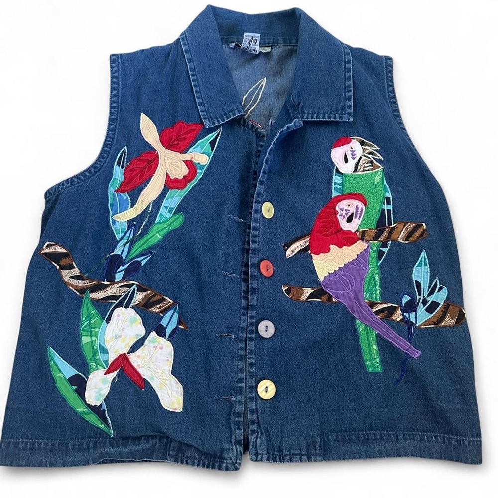Vintage Denim Vest Parrot Design